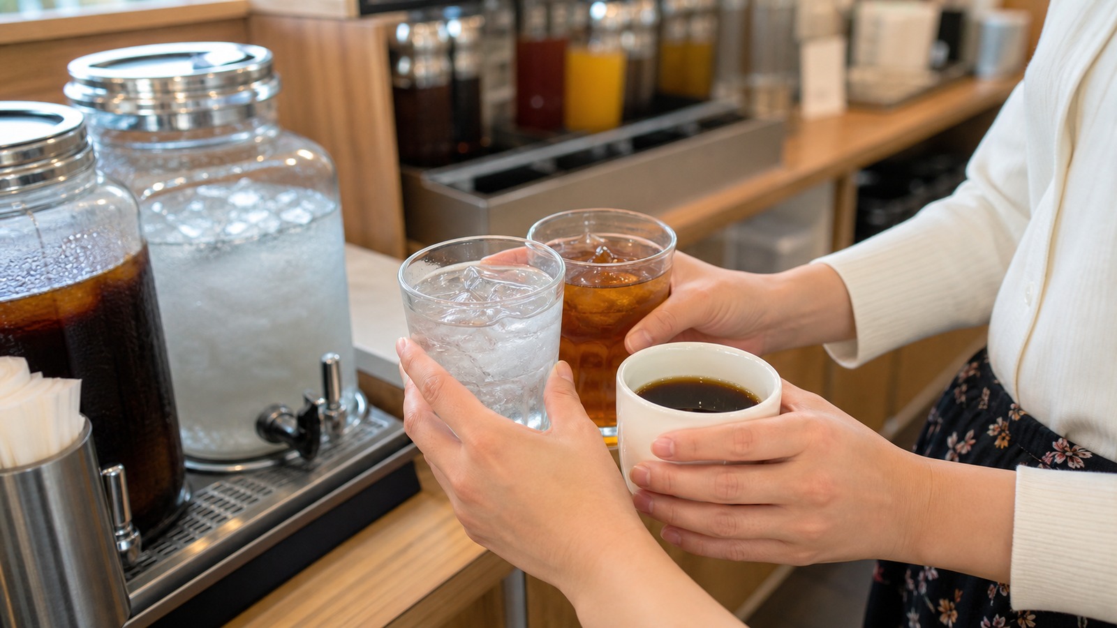 ドリンクバーで無糖のお茶、炭酸水、ブラックコーヒーを選ぶ様子を表した清潔感のある横長写真