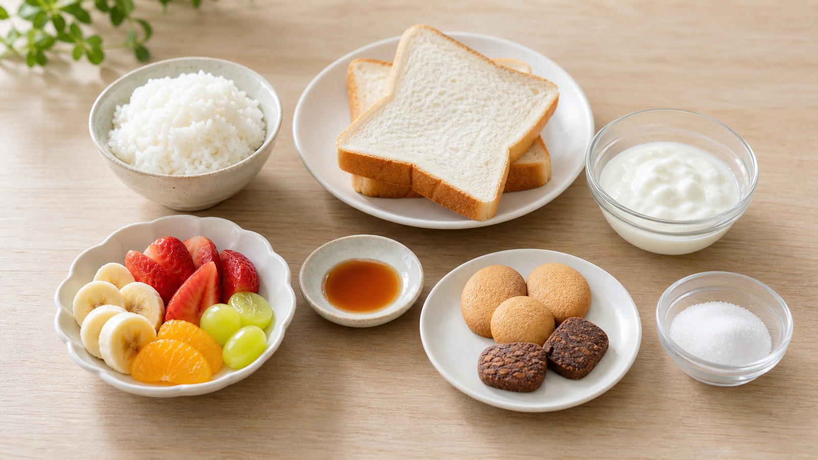 白いご飯、パン、果物、無糖ヨーグルト、調味料、菓子を少量ずつ並べた糖質源の比較イメージ