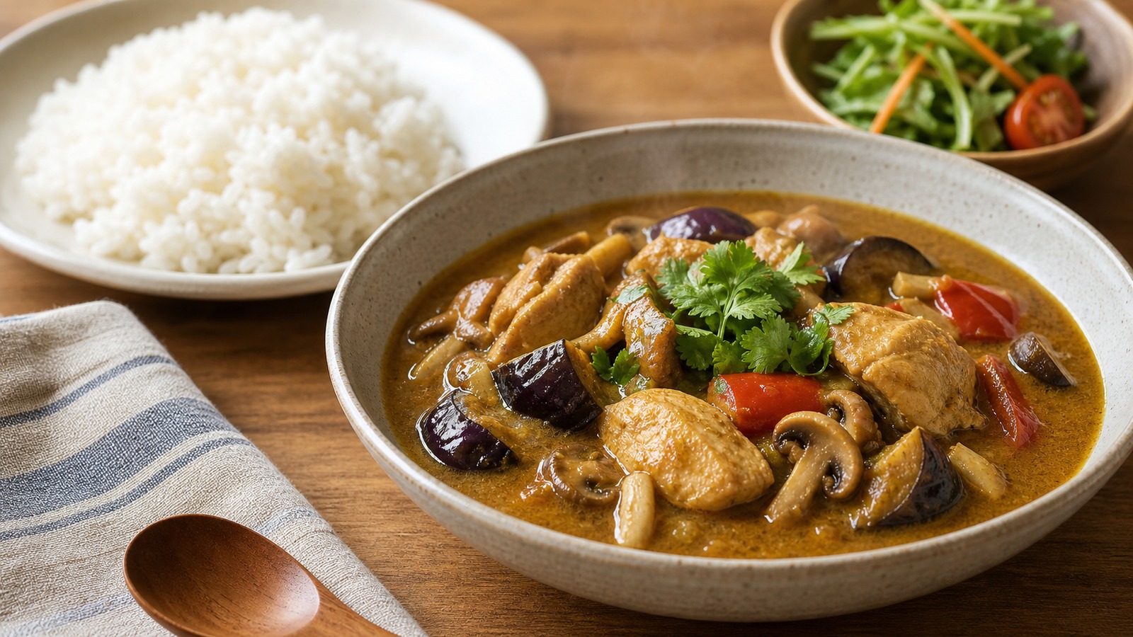 カレー粉から作った鶏肉ときのことなすのさらりとしたカレーを器に盛ったイメージ