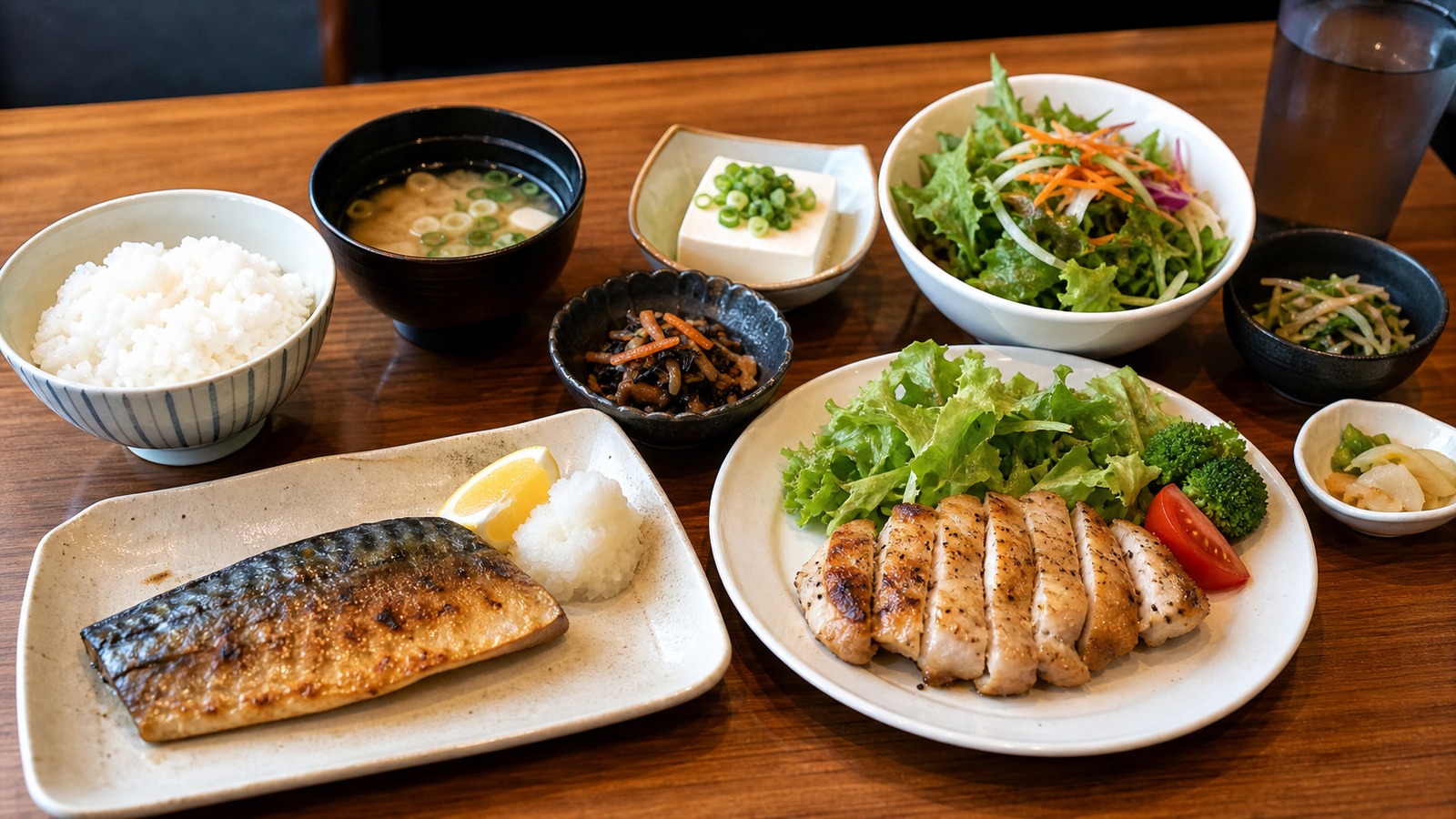 外食メニューを選びながらサラダ、焼き魚、肉料理、小盛りごはんを比較している食卓写真