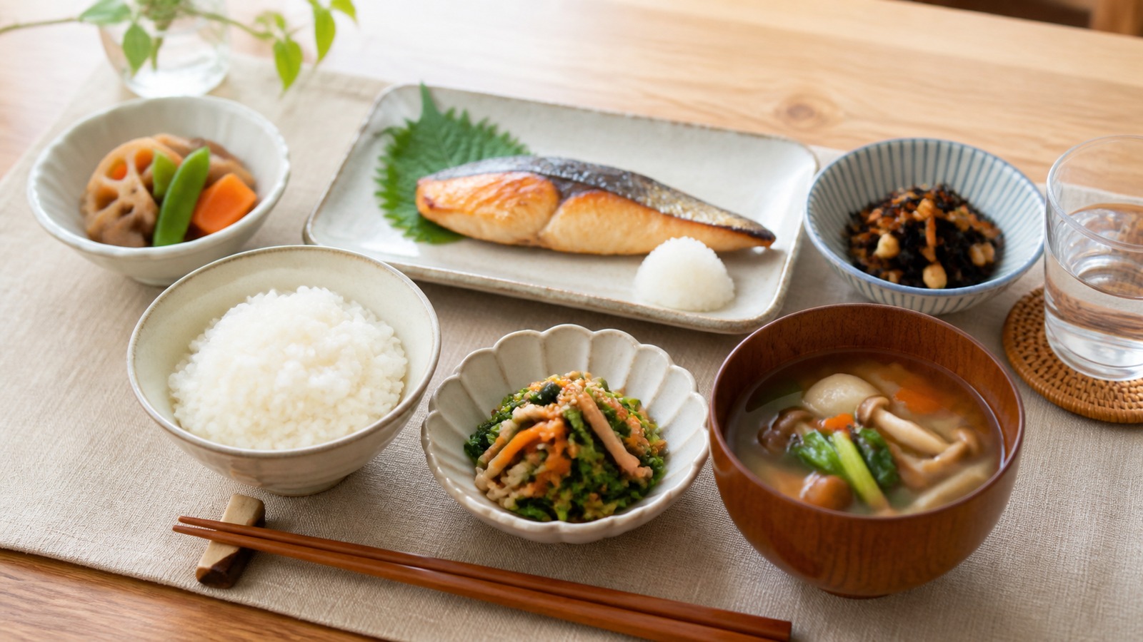 白いご飯100gと魚の主菜と野菜の副菜を組み合わせた和食の食卓
