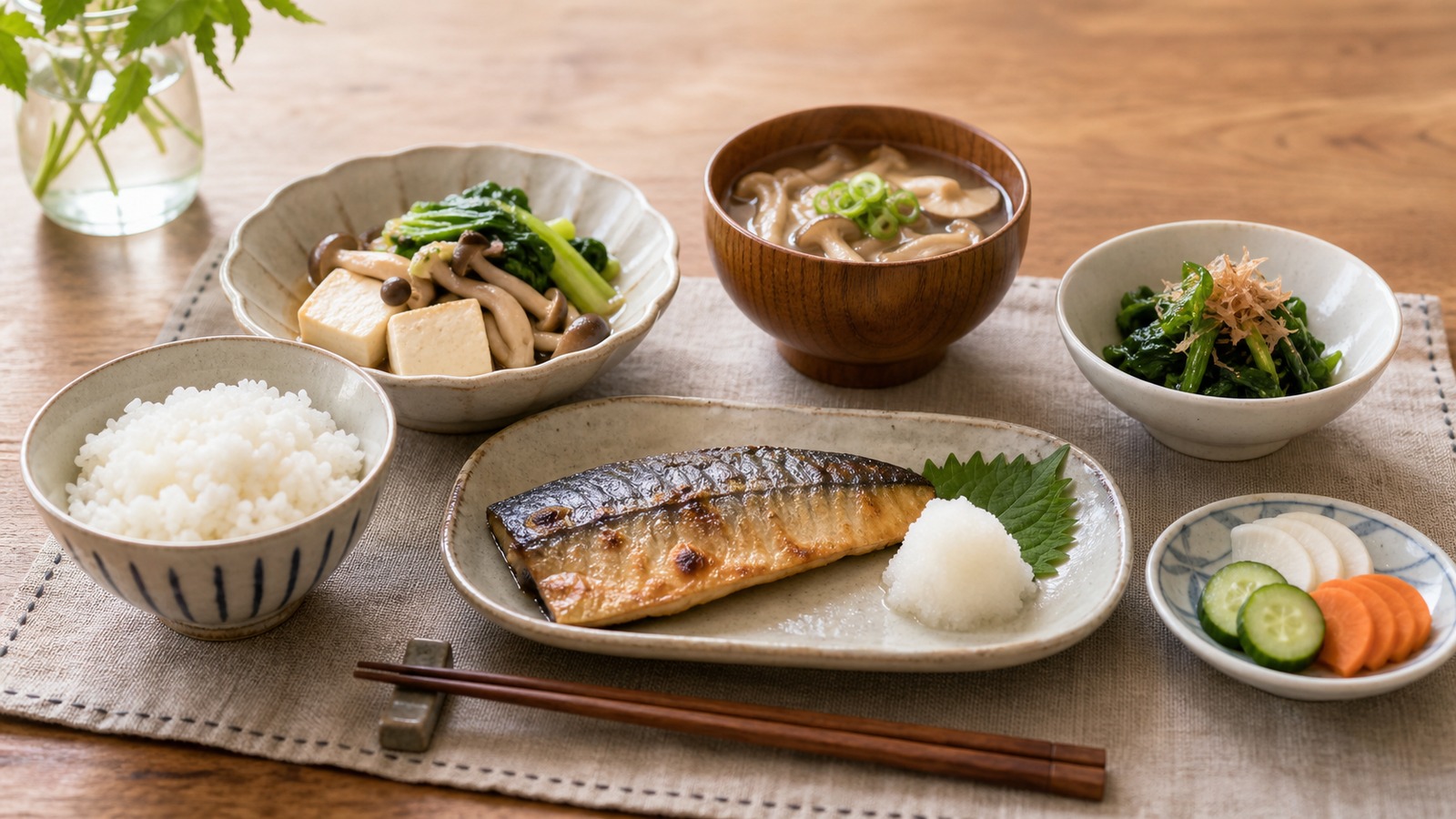 主菜、副菜、少量の主食を組み合わせた彩りのよい家庭の献立