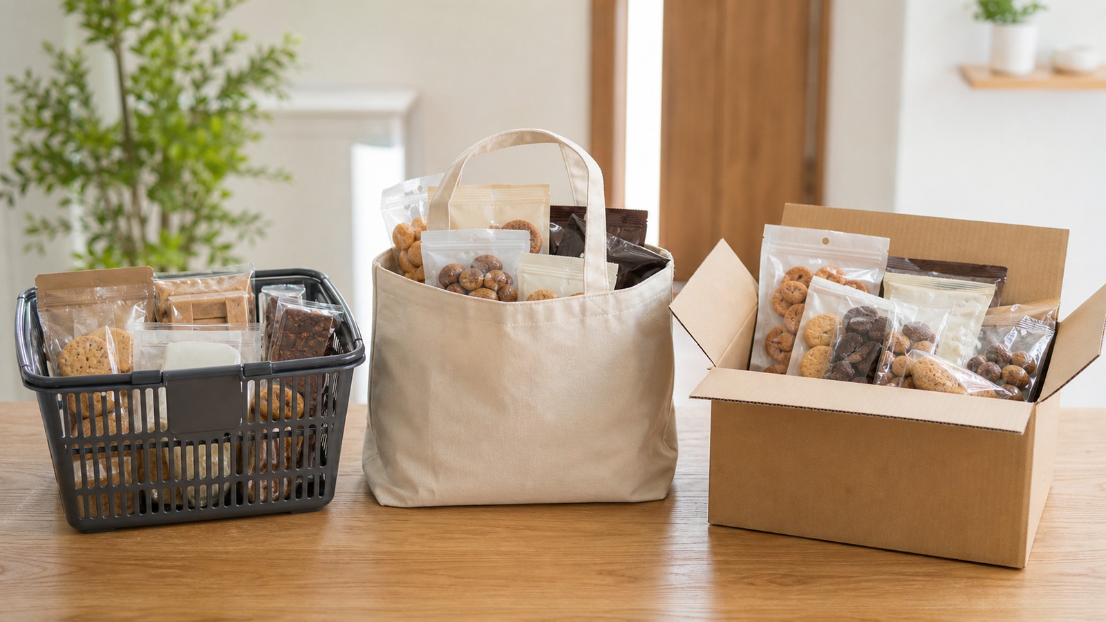 コンビニ、スーパー、通販の低糖質お菓子購入方法を買い物かごと配送箱で表したイメージ