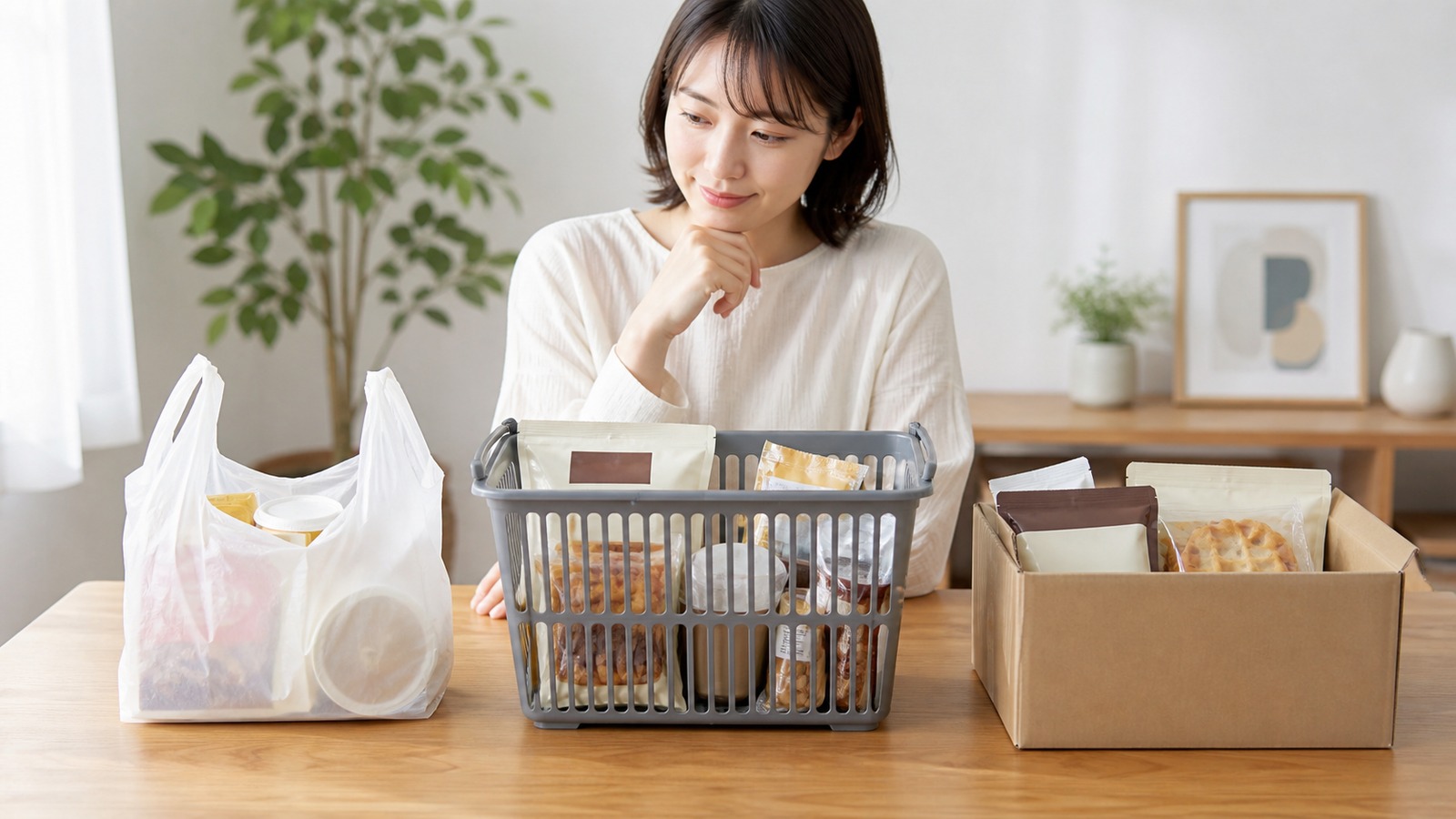 コンビニ、スーパー、通販の低糖質お菓子購入方法を買い物かごと配送箱で表したイメージ