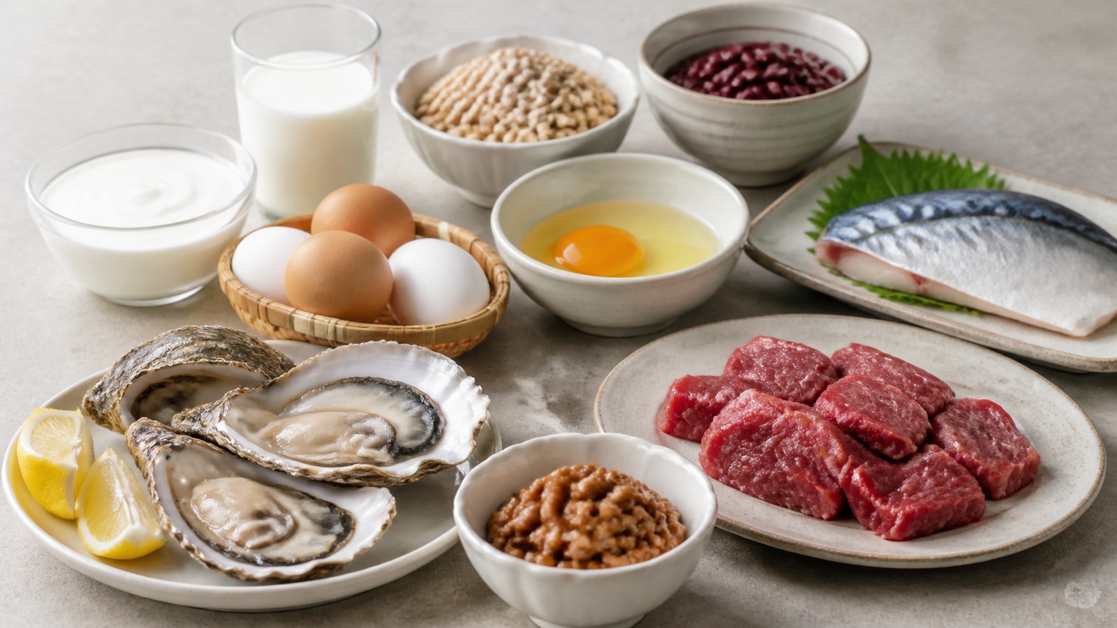 亜鉛を含む牡蠣・肉・卵・豆類を少量ずつ並べたバランスのよい食材
