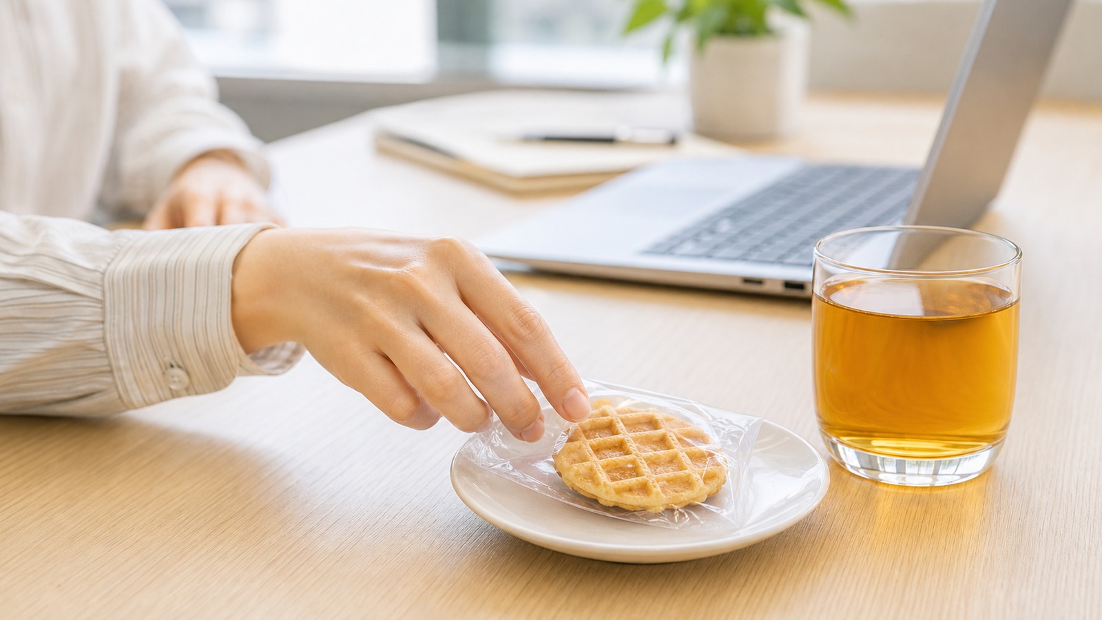 デスクで無糖のお茶と個包装の低糖質焼き菓子を一つだけ用意した場面