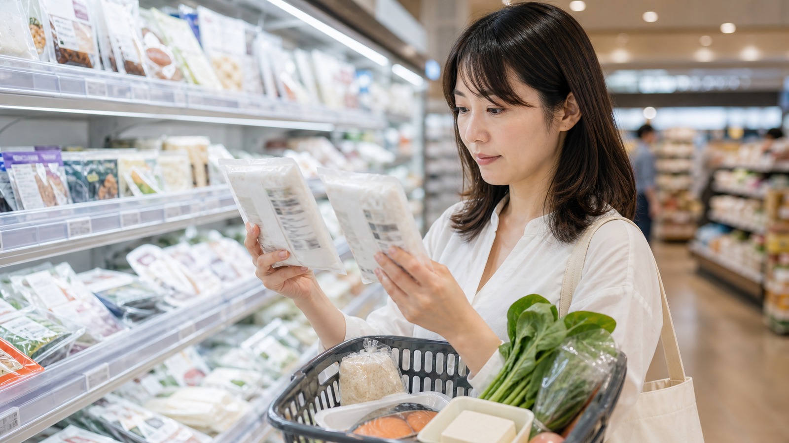 スーパーで栄養成分表示と1包装当たりの量を確認しながら食品を選ぶイメージ