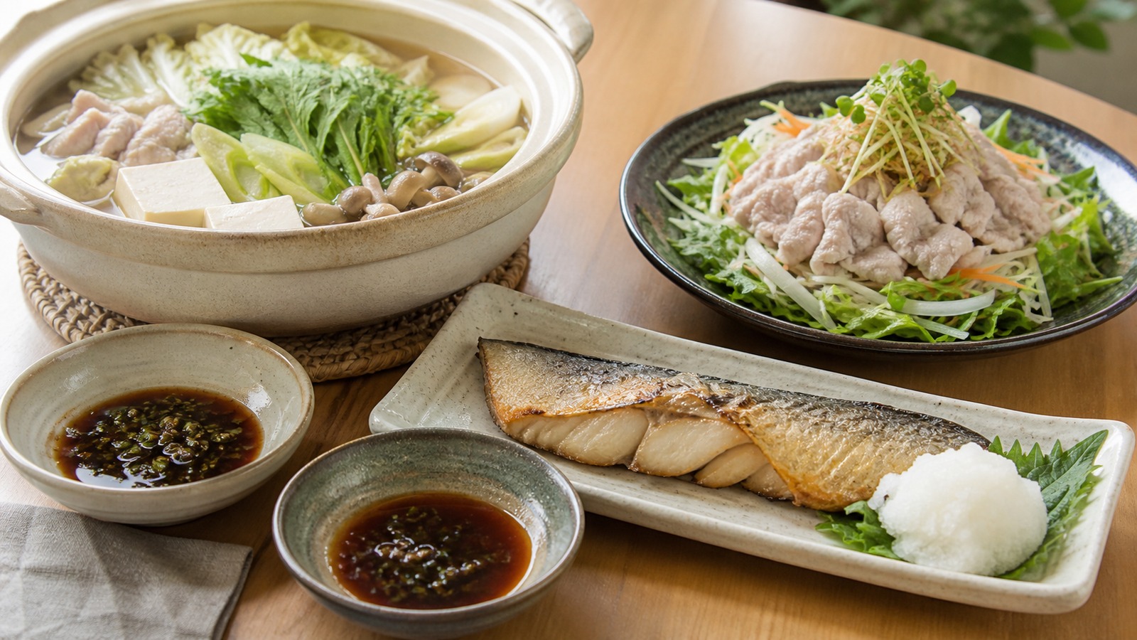鍋、冷しゃぶ、焼き魚に異なるポン酢風だれを添えた食卓