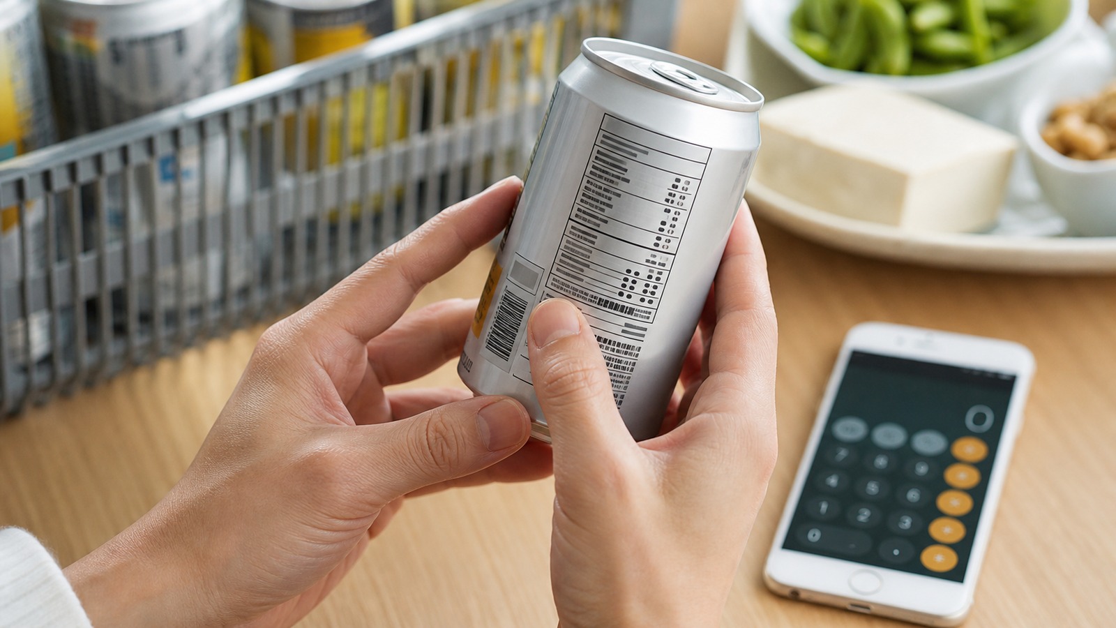 缶のお酒の栄養成分表示を確認している手元のイメージ