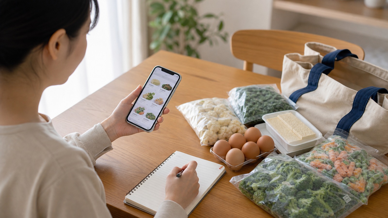 スマートフォンで公式サイトやネットスーパーの商品検索を確認しながら買い物メモを作るイメージ