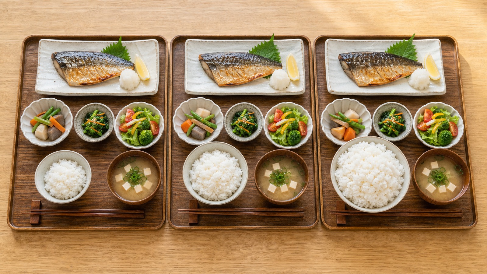 ご飯の量が異なる茶碗と主菜・副菜を並べた比較写真