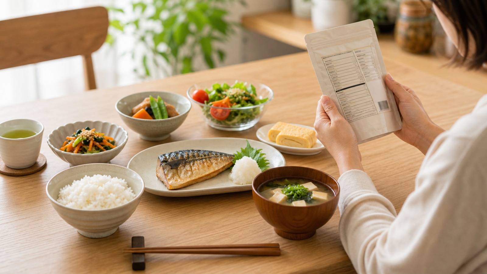 主食・主菜・副菜がそろった食卓で、食品パッケージの表示も確認している落ち着いた生活シーン
