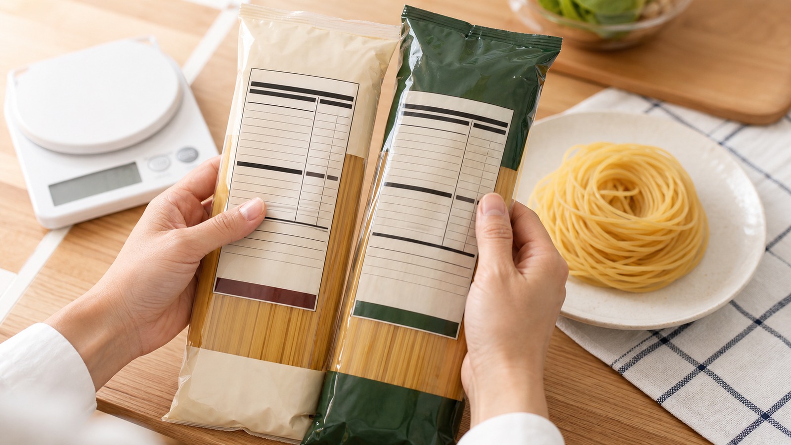 食品パッケージの栄養成分表示と一食分の麺量を確認する手元のイメージ