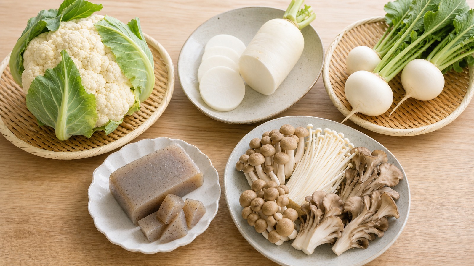 カリフラワー、大根、かぶ、こんにゃく、きのこを並べた代替食材のイメージ