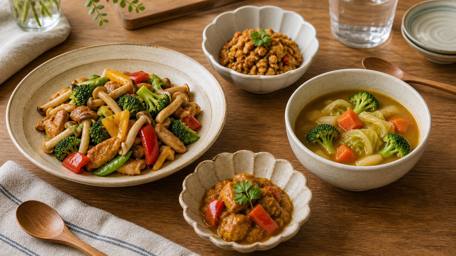 カレー粉を使った野菜炒め、ドライカレー、スープ、小さなカレー皿を並べた食卓のイメージ
