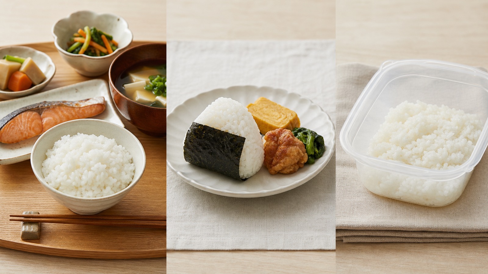 外食の定食とコンビニのおにぎりセットと冷凍ご飯を並べて量の違いを比べる様子