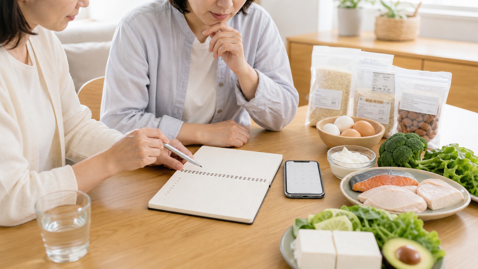医療者への相談メモと低糖質食品の表示を見比べながら無理のない食事方針を考えるイメージ