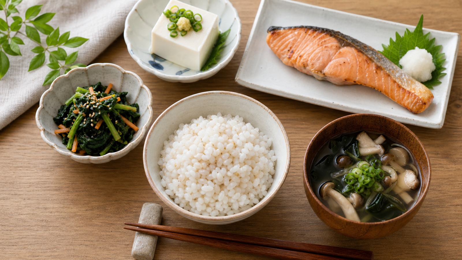 もち麦ご飯と魚と野菜のおかずを組み合わせたバランスのよい和食