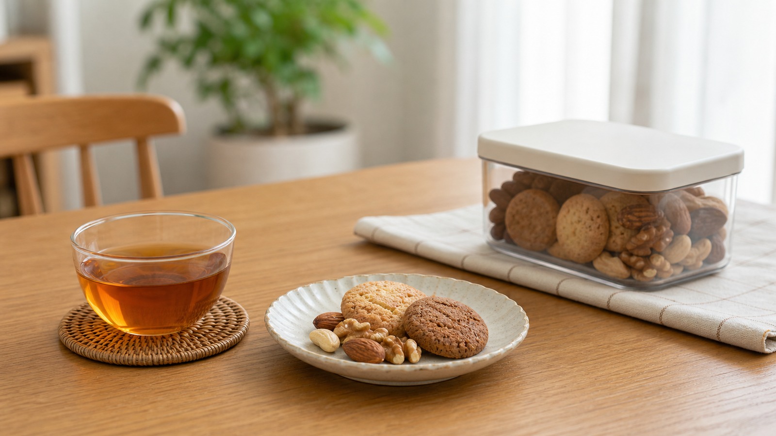 低糖質お菓子を小皿に一回分だけ取り分け、飲み物と一緒に楽しむ落ち着いたテーブル