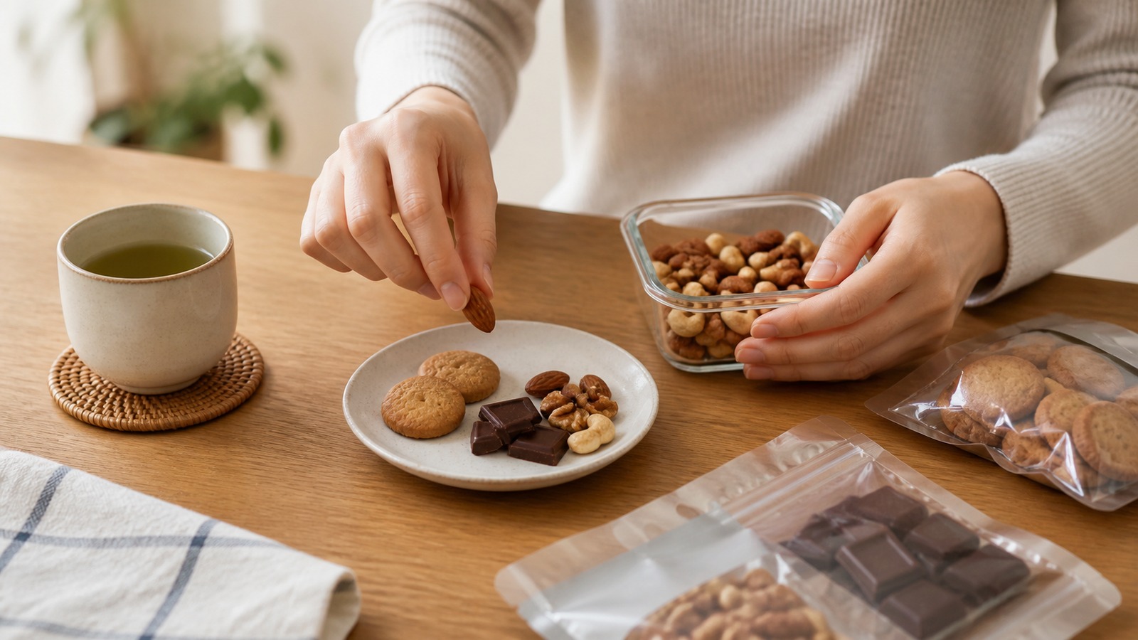 低糖質お菓子を小皿に一回分だけ取り分け、飲み物と一緒に楽しむ落ち着いたテーブル