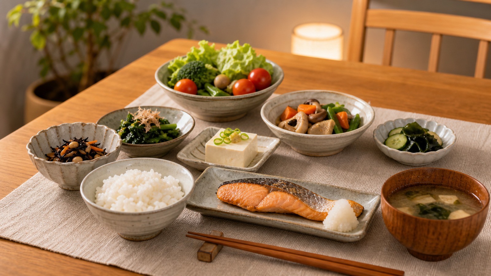 主食を小盛りにし、魚の主菜、野菜、きのこ、豆腐をバランスよく並べた日本の家庭の食卓写真