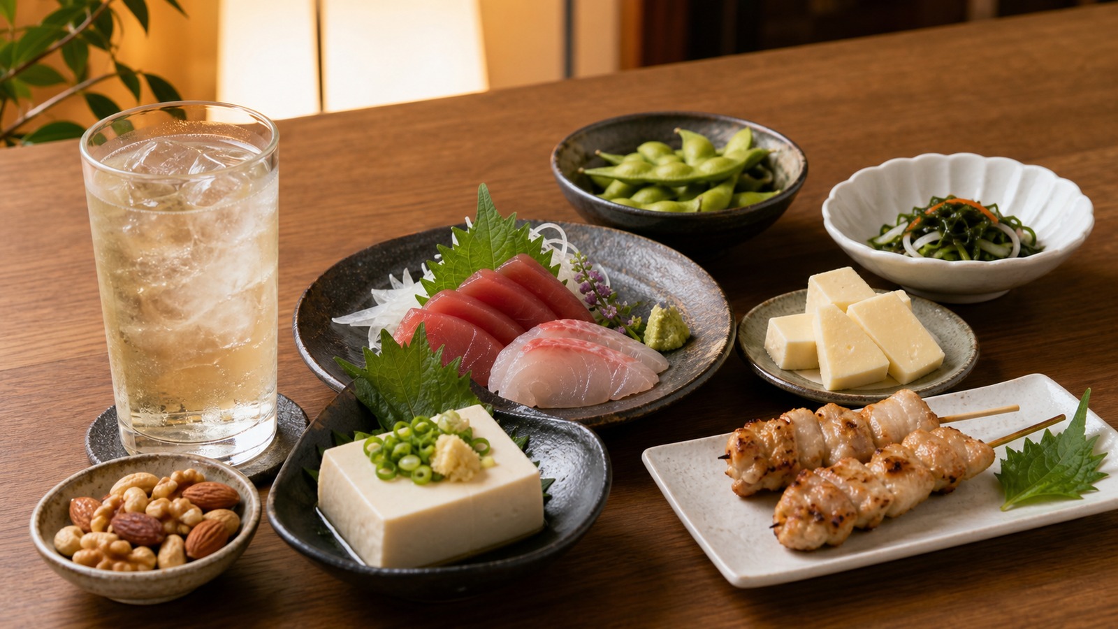 低糖質寄りのおつまみと無糖ハイボールを並べた食卓イメージ