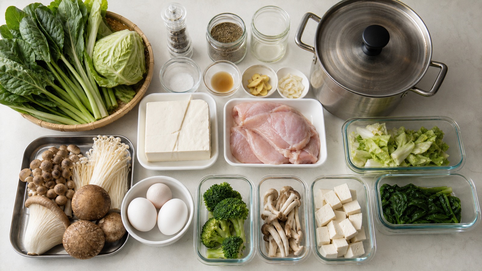 糖質制限スープの食材、調味料、保存容器を整理してチェックしている俯瞰写真