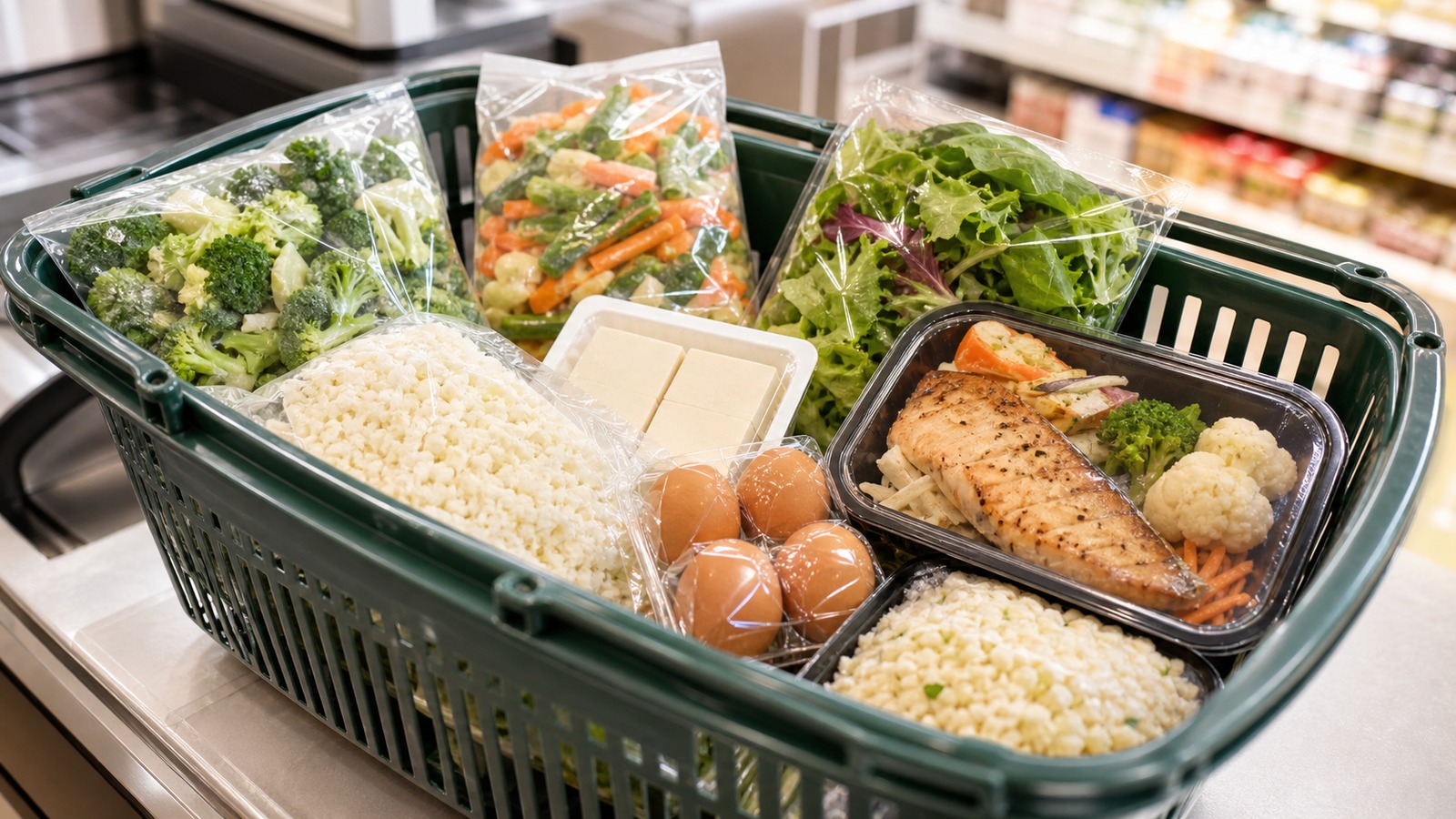 冷凍食品、惣菜、豆腐、卵、サラダを買い物かごに入れて比較するイメージ