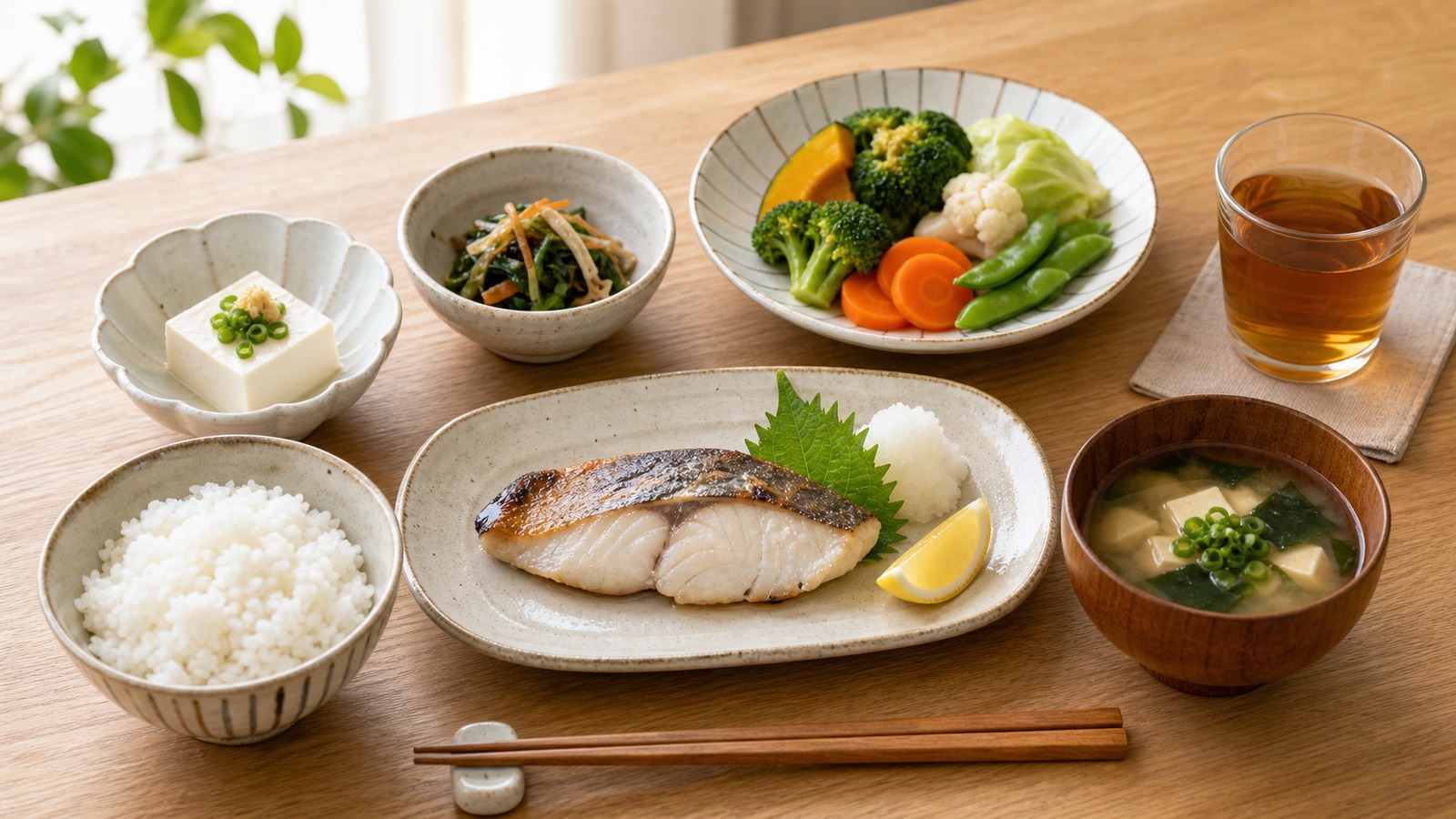 焼き魚、野菜、小盛りご飯をそろえた家庭的な食卓の写真