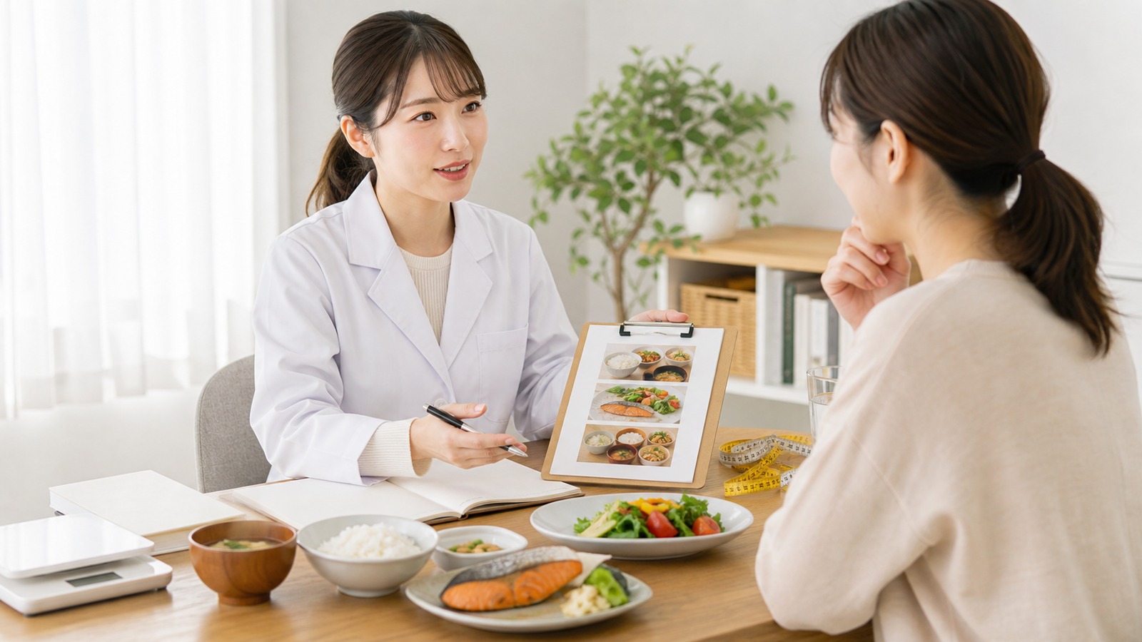 管理栄養士と食事記録を見ながら相談する日本人の成人