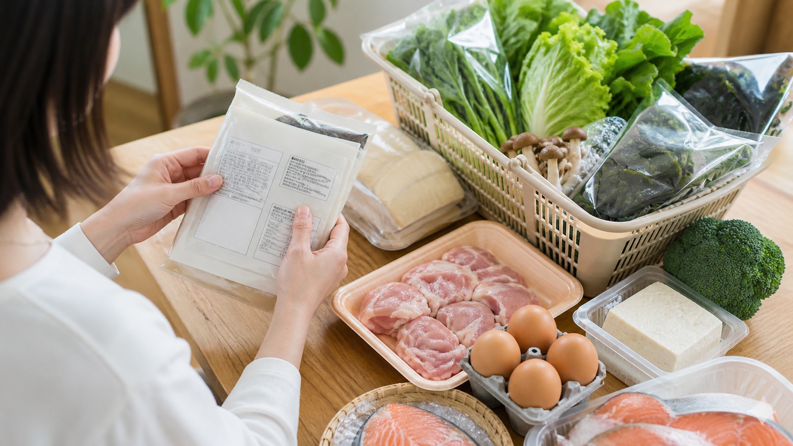 低糖質食材と栄養成分表示を見ながら、主菜・副菜・主食代替を選んでいる買い物イメージ